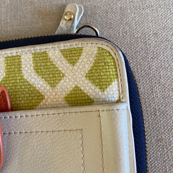 Spartina 449 Large Zipper Wallet Crossbody Cream Navy Green Leather Linen - Picture 4 of 11